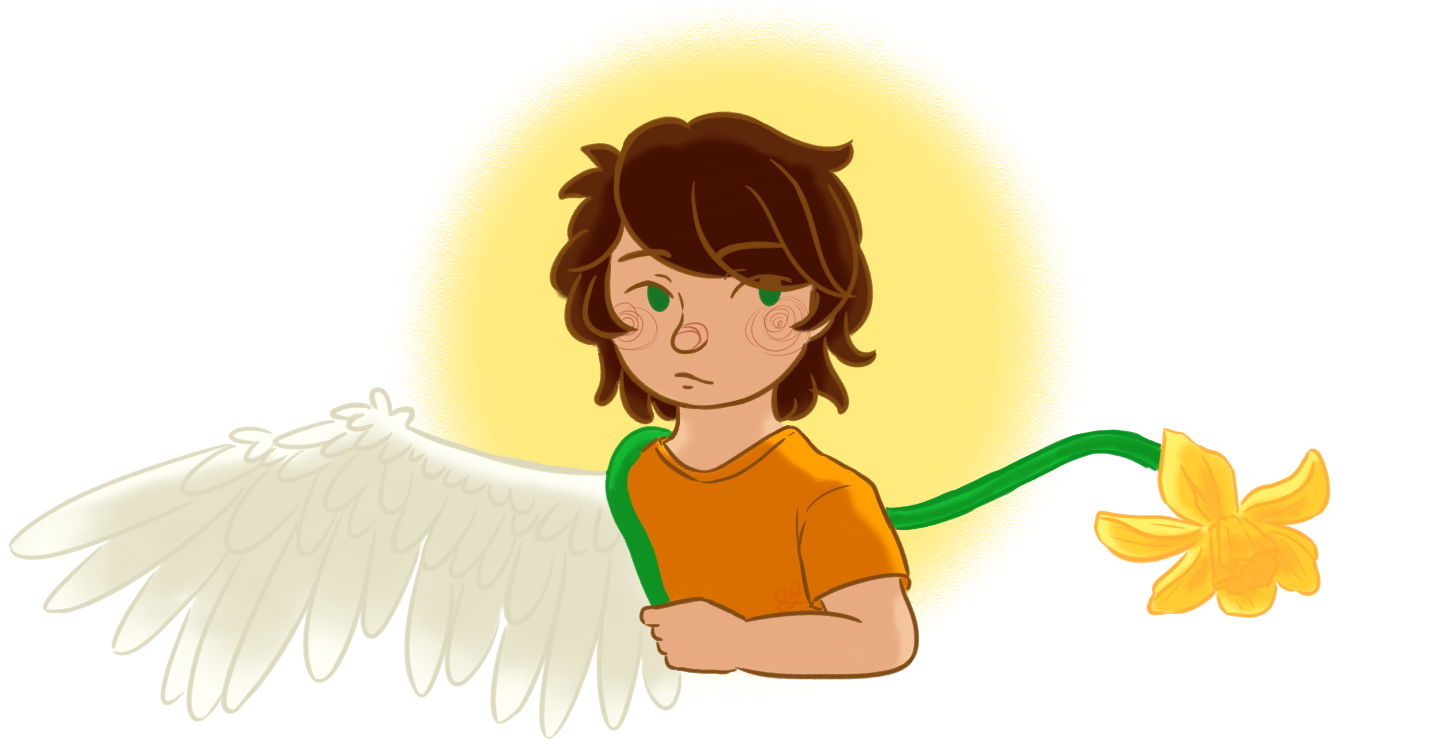 a chibi-style drawing of a figure with green eyes and brown hair that stops at the nape of their neck. the arm on the left is replaced by a white wing, and the arm on the right is holding an oversized yellow daffodil. they are just barely smiling. the figure is backlit, with a soft orange circle haloing their head.