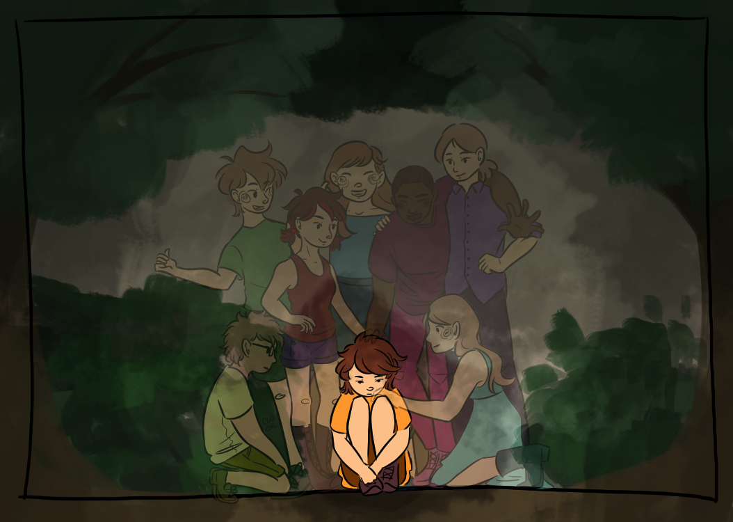 illustration of a figure in an orange shirt with brown hair, sitting on the ground with their legs drawn up to their chest. around them are gathered several figures that looks similar to them: to their left crouches a figure with light brown hair and glasses in a yellow shirt; above him, a figure with medium-length brown hair in a green shirt peeks around the rest of the crowd, gesturing towards himself with his thumb; in front of him, a girl with pigtails and red streaks in her hair, wearing a red tank top and purple shorts; to her right, a dark-skinned figure with cropped hair has one hand resting on the orange-shirtted figure's hair, and the other arm thrown over another figure wearing a purple shirt with their hair tied back in a ponytail, who has a hand resting on their hip; behind the pigtailed and dark-skinned figures is another with longer hair, wearing a blue top and dress; to the orange-shirtted figure's right kneels one with light brown hair to their waist and wearing a long turquoise-colored dress. every figure except for the one with the orange shirt is faded out, as if they are not truly in the scene. behind them is an abstract painted background meant to imitate trees and bushes and dirt.