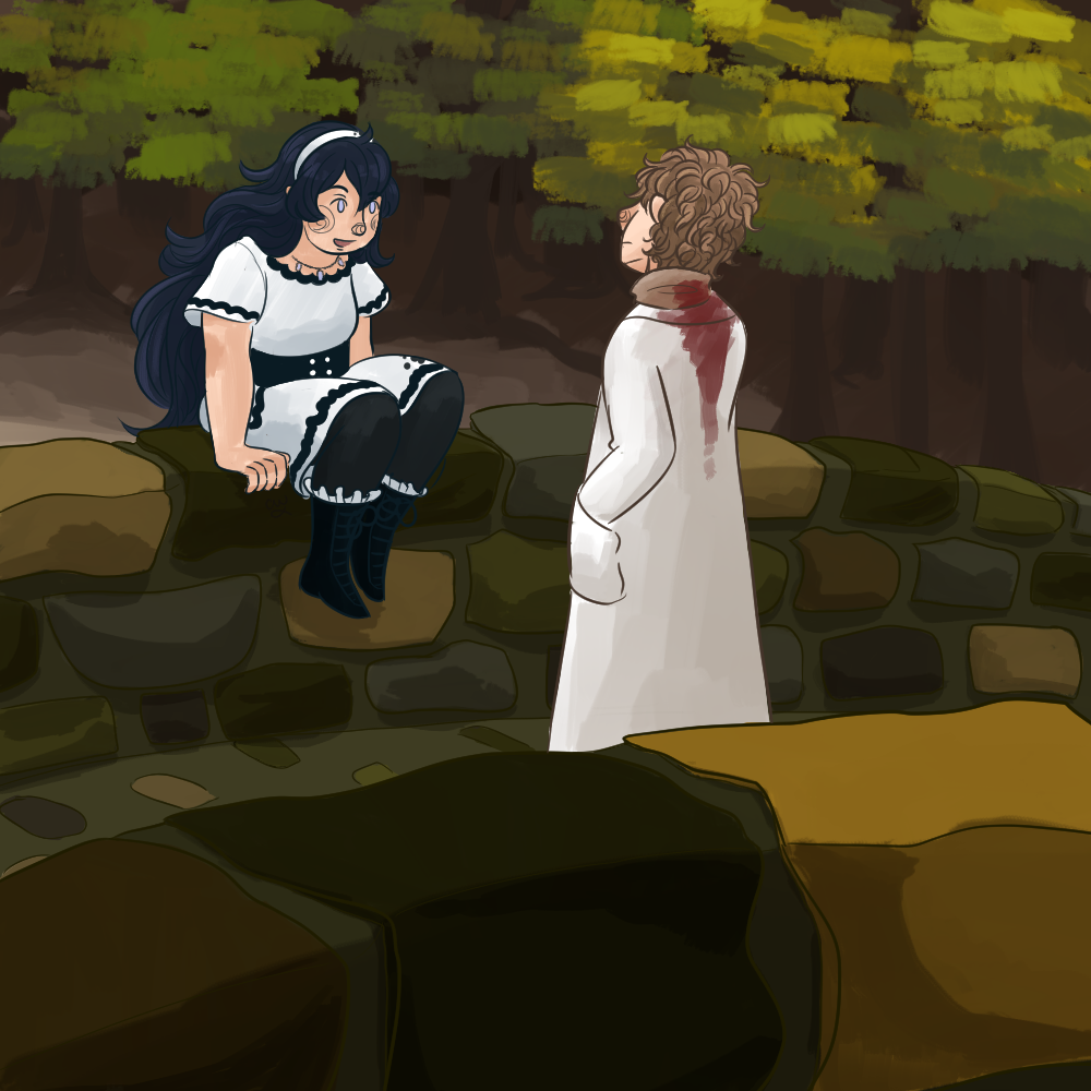 illustration set on a stone bridge, with a cluster of trees in the distance. a girl with long black hair and a white dress sits on the edge of the bridge, facing to the forward-right of the illustration and talking to a man with curly light brown hair who is facing away from the viewer. the man is wearing a long white doctor's coat and is bleeding from the back of his neck.