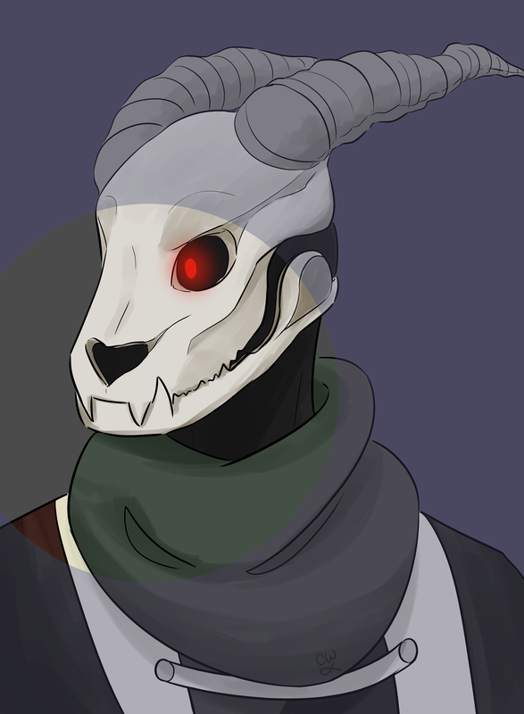 bust of a figure with a deer skull looking towards the left, wearing a green scarf and a brown monk-ish outer coat. a red eye glows from inside one of the skull's eye holes. the illustration is fully colored in a circular shape centered around the nose of the skull; the colors in the rest of the illustration are in indigo monochrome.