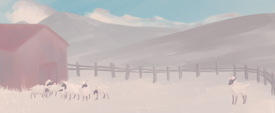 wide shot painted-style illustration of a ranch yard filled with fantasy sheep. the illustration is primarily painted using mixtures of a dull red, a sky blue, and a faded tan gray-tan.