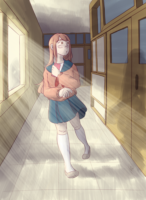 illustration of a girl with long pink hair in a simple school uniform, composed of a pink sweater, a sailor-style shirt, a blue skirt, white knee-high socks, and simple shoes. she walks through a japanese-style school hallway with a phone clutched in her hand. light shines through a window to the left, casting the girl's shadow onto a sliding door on the other side. a shadowy figure peeks through the window.
