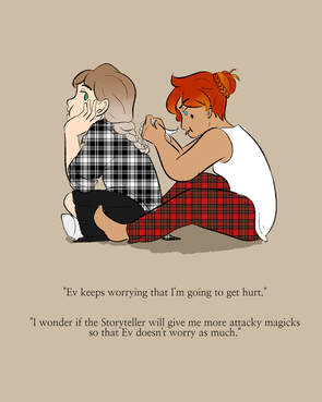 plain illustration. two figures sit at the upper half of the image, both facing towards the left. the left-most figure is wearing a black plaid shirt rolled up to the elbows, and a black skirt. their legs are crossed in front of them. they have long light brown hair that fades to white at the ends, and is being clumsily braided by the second figure, who has red hair that fades to orange at the tips, which is pulled up in a bun with a small braid going around the bun. the second figure has a star tattoo under her eye, and is wearing a white tanktop with christmas-colored plaid pants. at the bottom of the image reads text: 