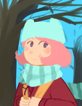 illustration of a girl with pink hair, her eyes looking towards the right of the picture. she is wearing a fuzzy blue hat with cat ears, a fuzzy blue striped scarf, and a pink jacket with a string bow. her hands are clutching the straps of a yellow backpack. in the background are leaf-less trees and a blue sky.
