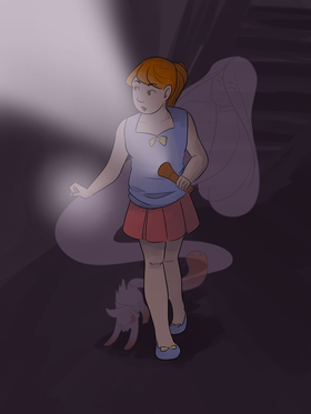 dark-lit illustration of a red-headed girl with her hair tied into a ponytail. she's wearing a light blue sleeveless top with a yellow bow, a coral pink pleated skirt, and light blue shoes with yellow bows. she's holding a flashlight and pointing it towards the left of the picture. her hand is also softly lit in a similar light as the flashlight. at her feet is a cat-like ghost with its shackles raised, looking towards the upper-right of the illustration. behind the girl, a pale ghost with long hair looks over her shoulder.